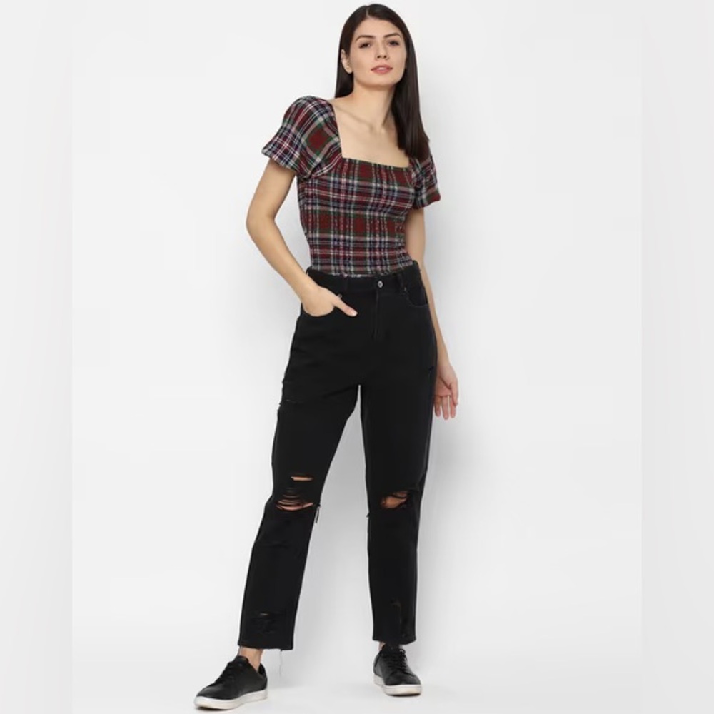 NWT American Eagle Plaid Smocked Puff Sleeve Top S Square Neck Cottagecore
